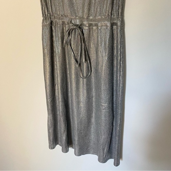 Dolan Anthropologie Silver Metallic Midi Dress Drawstring Waist, Ribbed Sz S - Picture 14 of 15